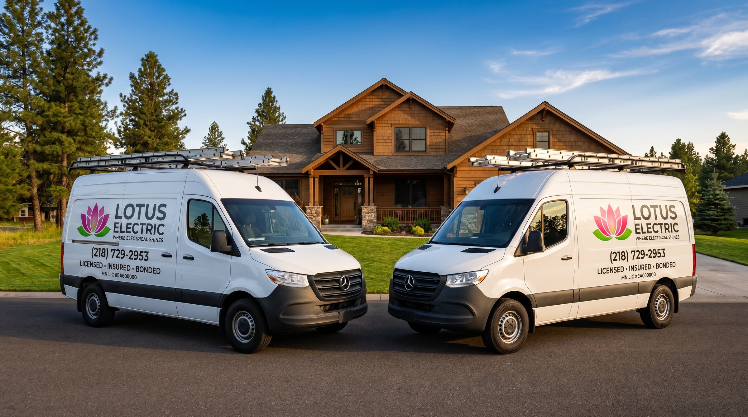 Two Lotus Electric service vans parked in V-formation in front of a Duluth, MN home — licensed residential and commercial electricians