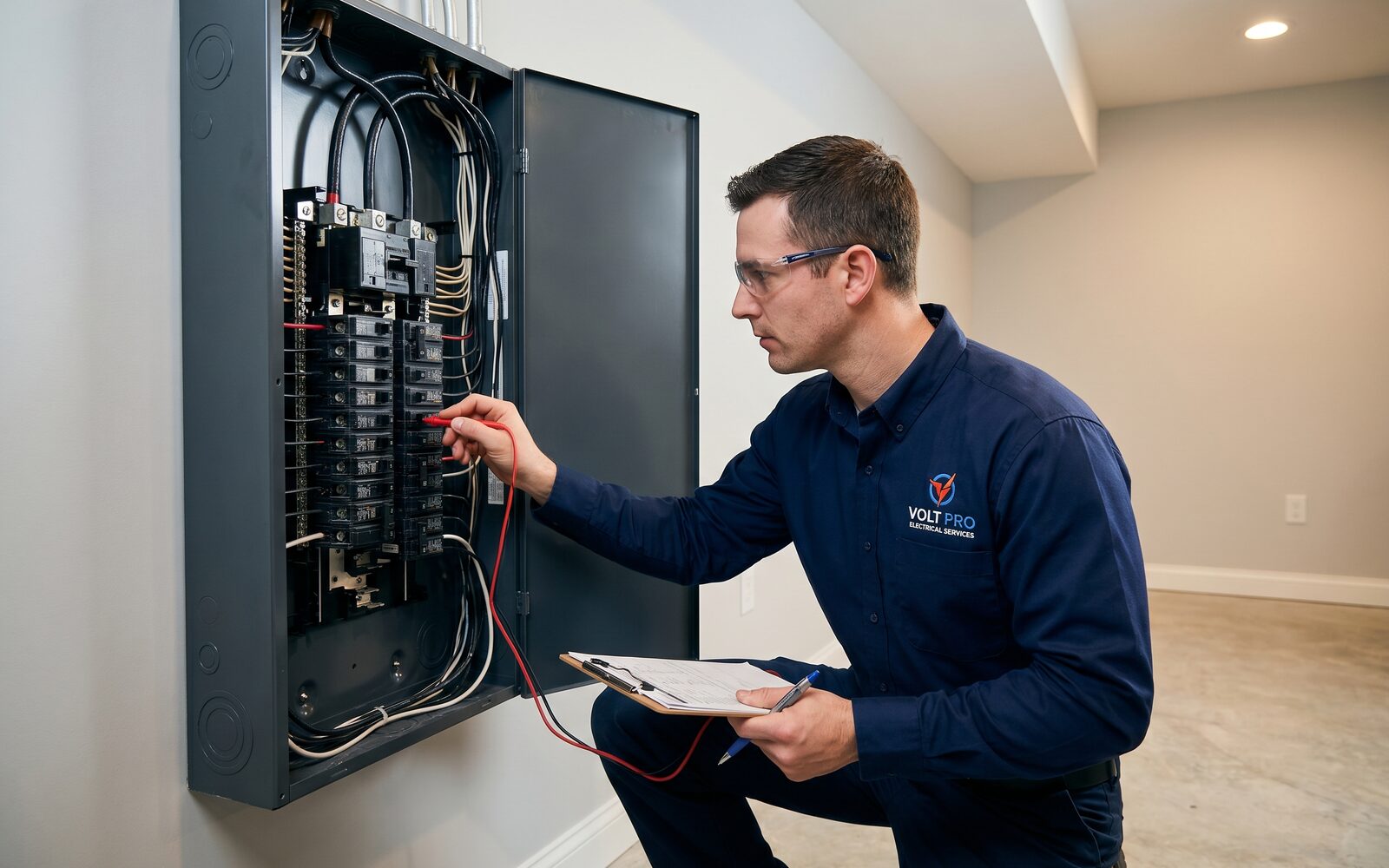 Lotus Electric technician inspecting a residential electrical panel in Duluth, MN
